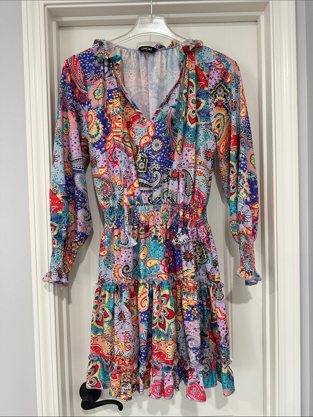 chic Vibrant Paisley Tiered Long Sleeve Dress - Multi size S